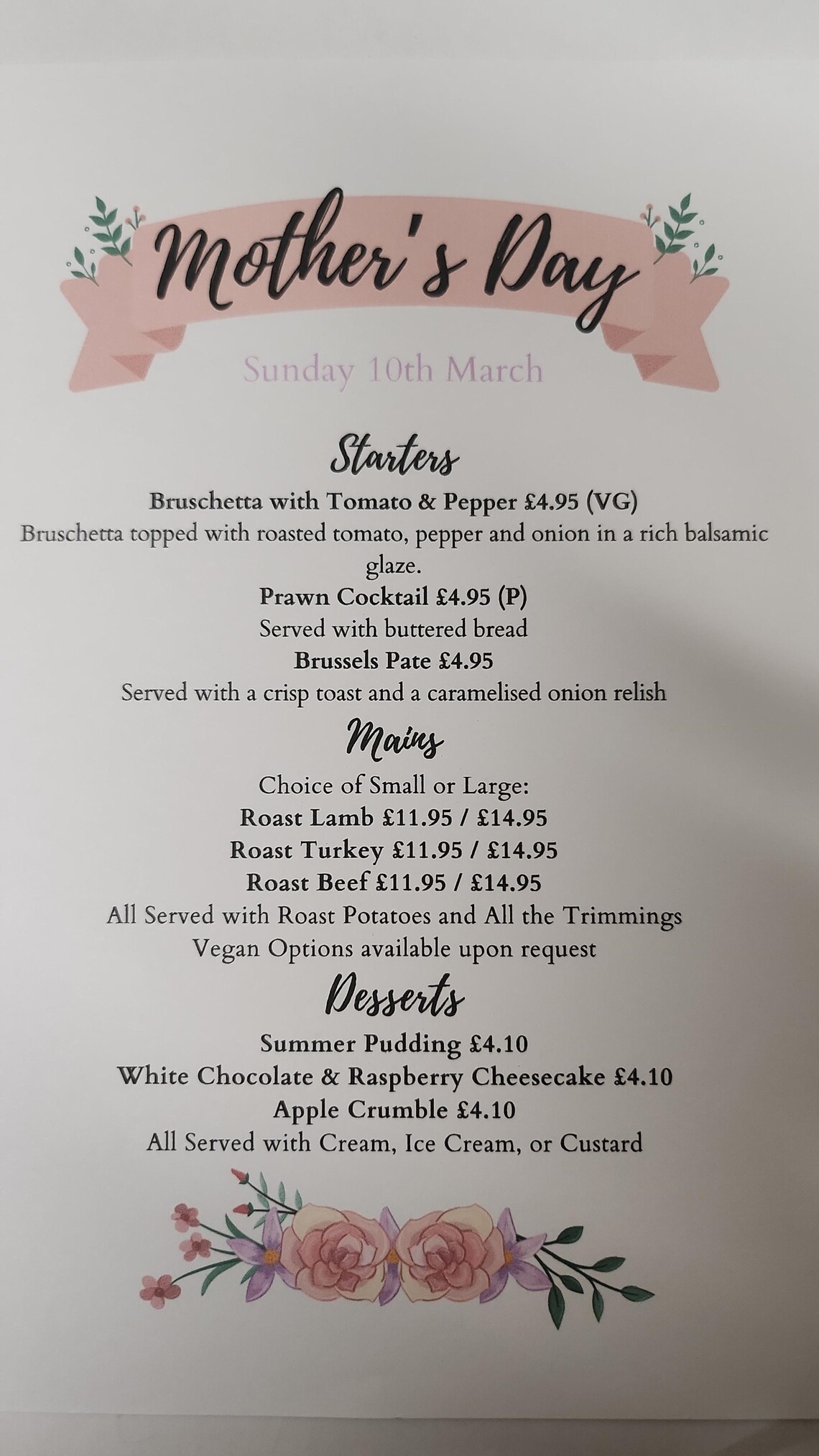 The Bar Mother&#39;s Day Menu